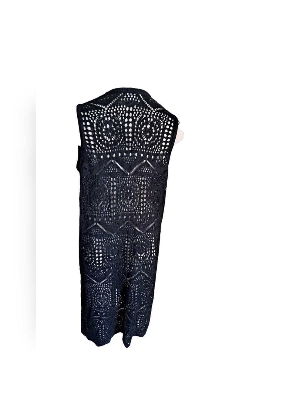 CHELSEA & THEODORE long knit duster black knit open front BOHO sleeveless Vest M - Picture 2 of 5
